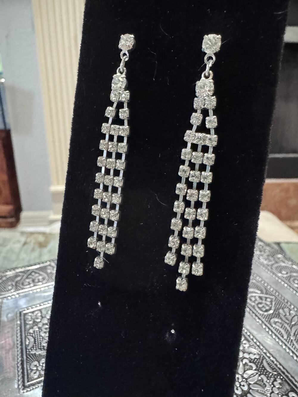 Vintage Rhinestone Fringe Chandelier Earrings Silver Tone Statement Earrings